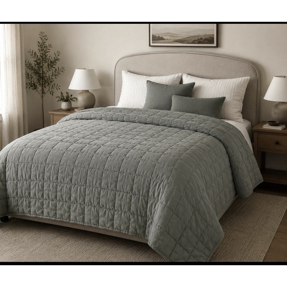 New Pottery Barn‎ Pick-Stitch Handcrafted Full/Queen Quilt Loden Eucalyptus